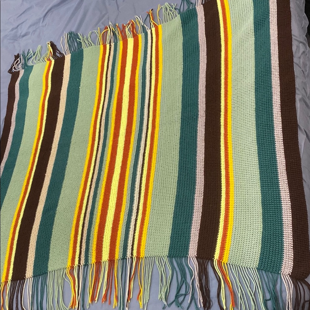 HANDMADE Striped Knit Blanket with Fringe 54x48 fringe Chic Boho Y2K - Picture 5 of 7